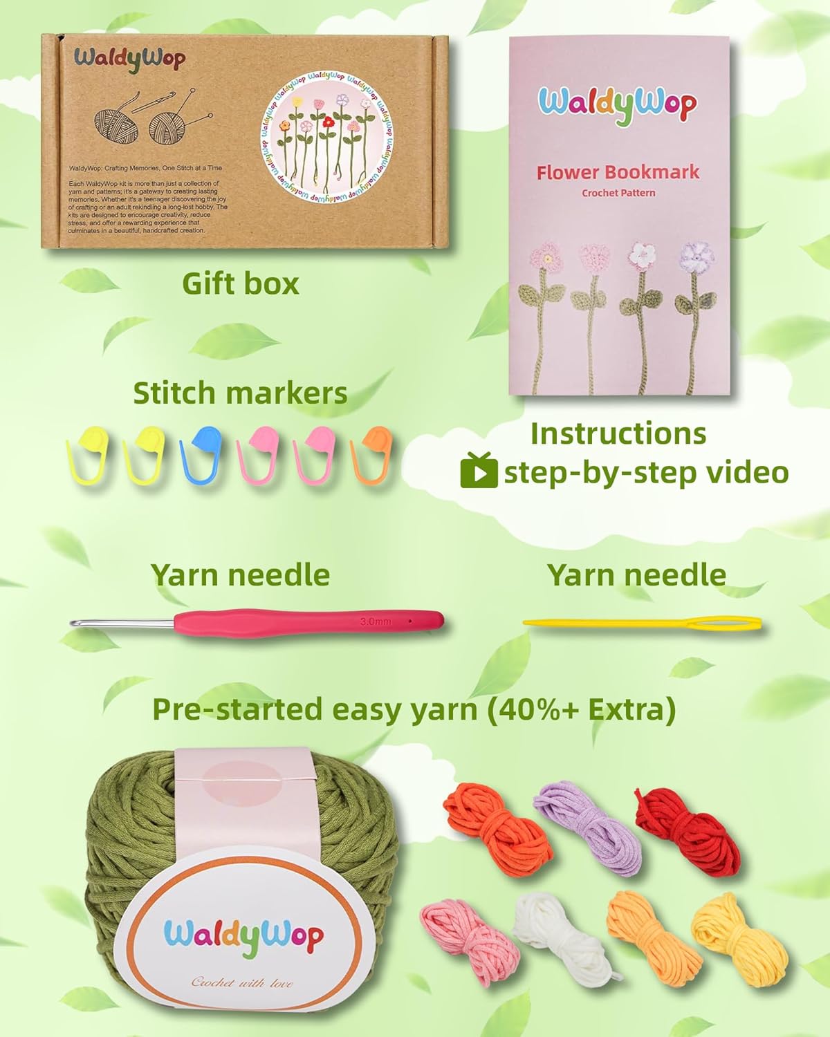 WaldyWop Crochet Kit for Beginners - 8 Flower Bookmarks Knitting Kit w/Step-by-Step Video Tutorials & Soft Yarn. Hook - Wobbles DIY Art Craft Kit for Adults. Birthday Gifts for Women Teen - Image 2
