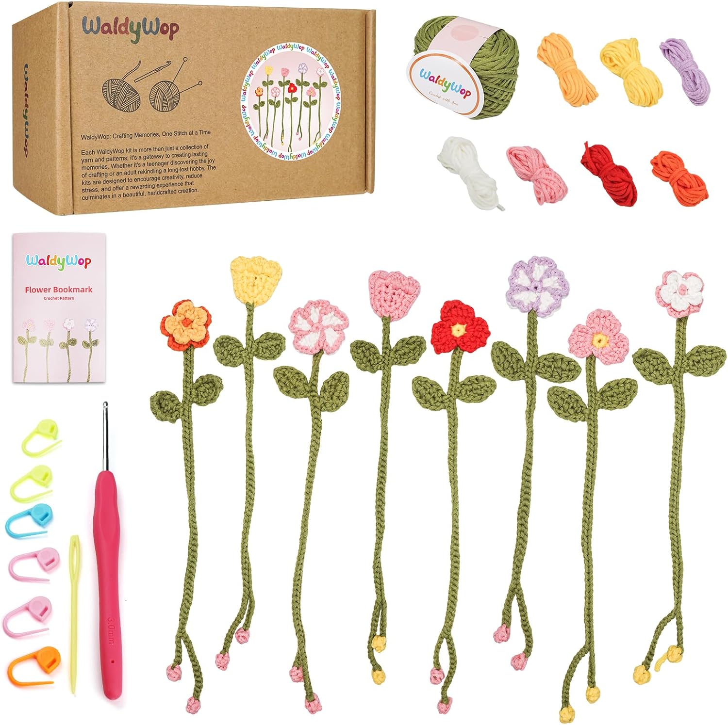 WaldyWop Crochet Kit for Beginners - 8 Flower Bookmarks Knitting Kit w/Step-by-Step Video Tutorials & Soft Yarn. Hook - Wobbles DIY Art Craft Kit for Adults. Birthday Gifts for Women Teen