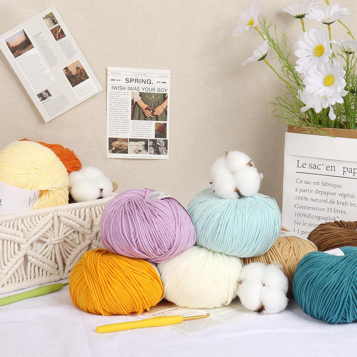 Katech 20 Skeins Cotton Yarn for Crocheting-55% Cotton 45% Acrylic-#3 DK (Light)-Super Soft Milk Cotton Yarn-Great Crochet and Knitting Starter Kit for Colorful Craft(Color A) - Image 4