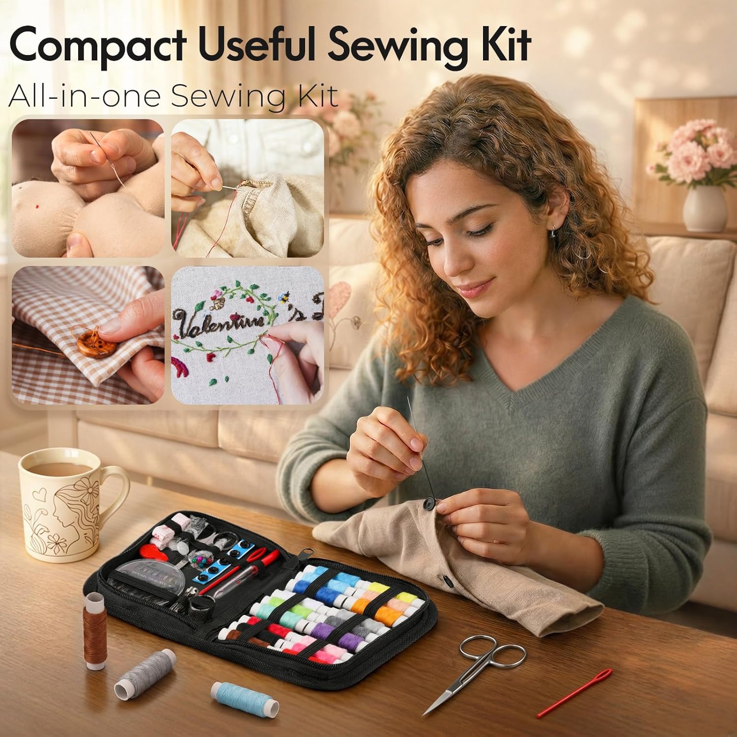 Coquimbo Sewing Kit for Adults College Dorm Essentials. Portable Sewing Supplies Accessories Contains Thread. Needles. Scissors. Gifts for Mom Grandma Women Wife Teen Girls Beginner Traveler (Black) - Image 3
