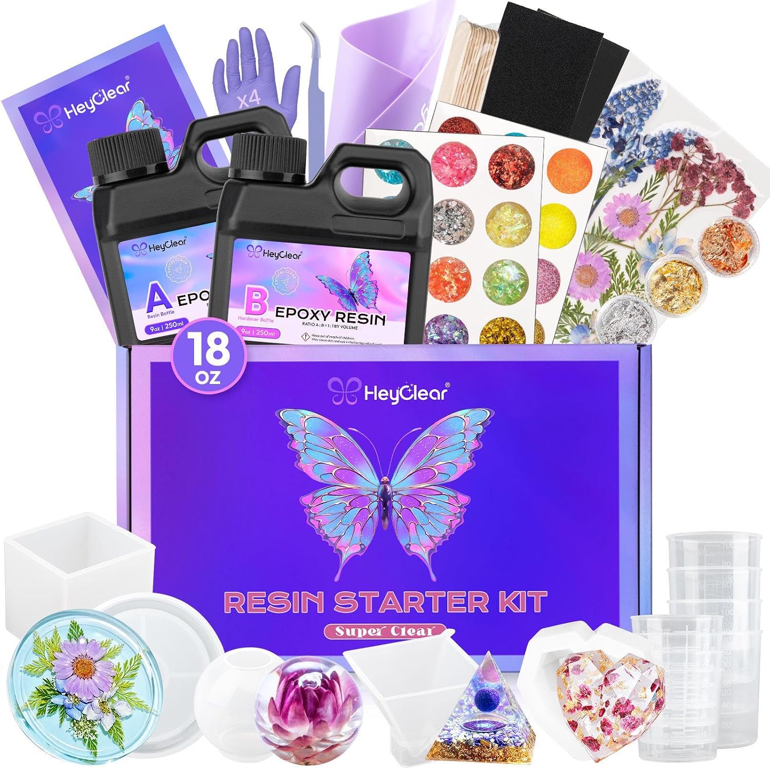 HeyClear Epoxy Resin Kit with Molds for Beginners -18 oz Super Clear and Hard Resina Complete Craft Supplies Set for Starter Casting Arts Crafts for Adults. DIY Creation Gifts